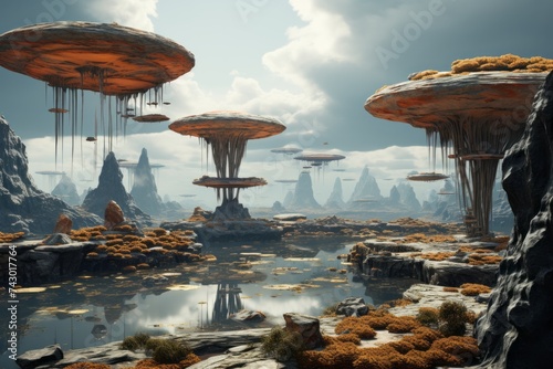 a 3d rendering of a landscape with mushrooms growing out of the water