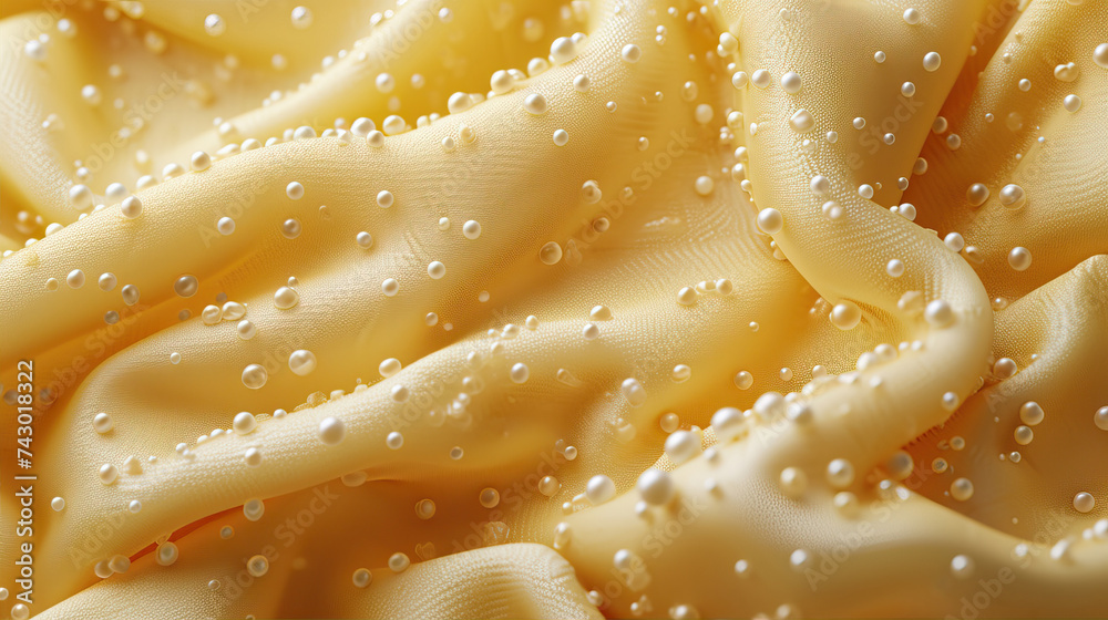 Surface of yellow shiny fabric with small beads

