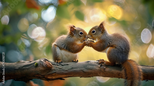 Two squirrels sitting next to each other on a branch 