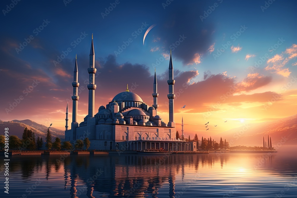 Mosque in Istanbul during sunset with Ramadan concept Islamic background