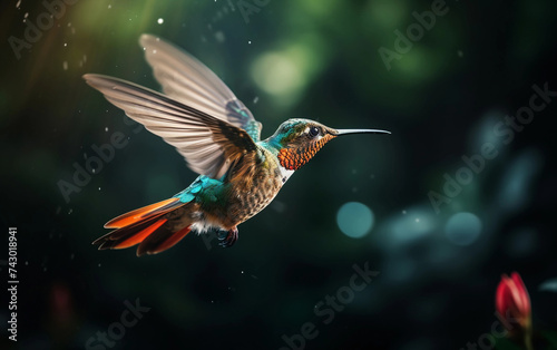 Hummingbird in flight on dark green background. Time-lapse motion blur hummingbird