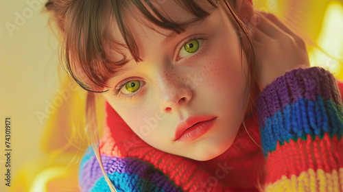 Little girl with green eyes in a multi-colored sweater 