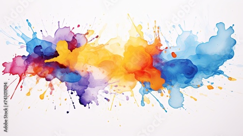 Vibrant ink splashes with an array of colors merging and spreading on a white backdrop, implying creativity and energy.