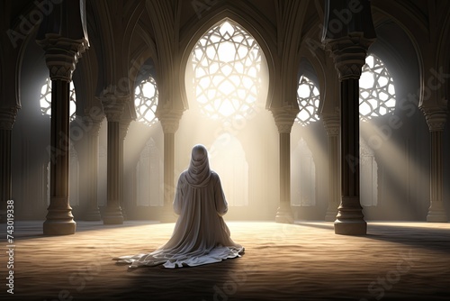 Religious muslim man praying inside the mosque, ramadan, islamic background