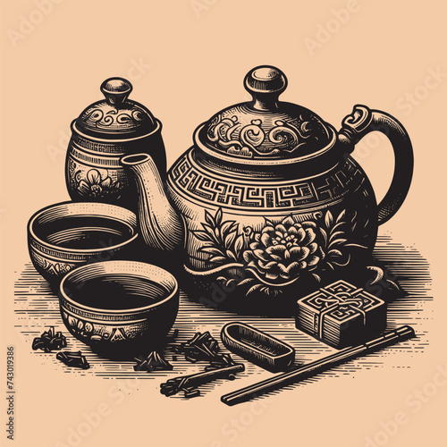 Chinese tea ceremony. Old kettle and cups of tea.
vintage engraving illustration, hand drawn, black and white, ink