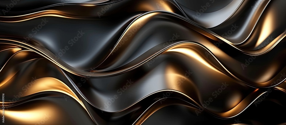 A 3D abstract wallpaper featuring wavy lines in black and gold colors on a dark golden and black background. The lines create a dynamic and visually striking pattern.