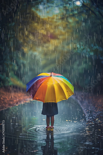 Happy Child With Rainbow Umbrella Under Rain