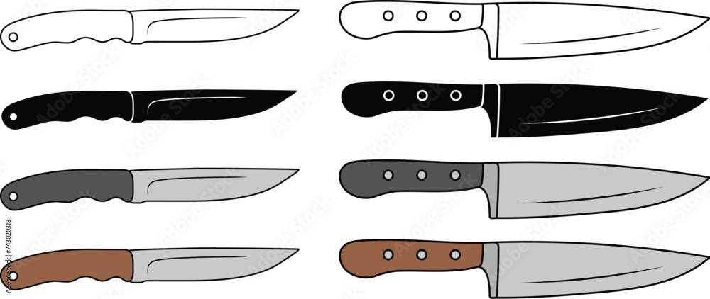Knife Clipart Set - Outline, Silhouette and Color