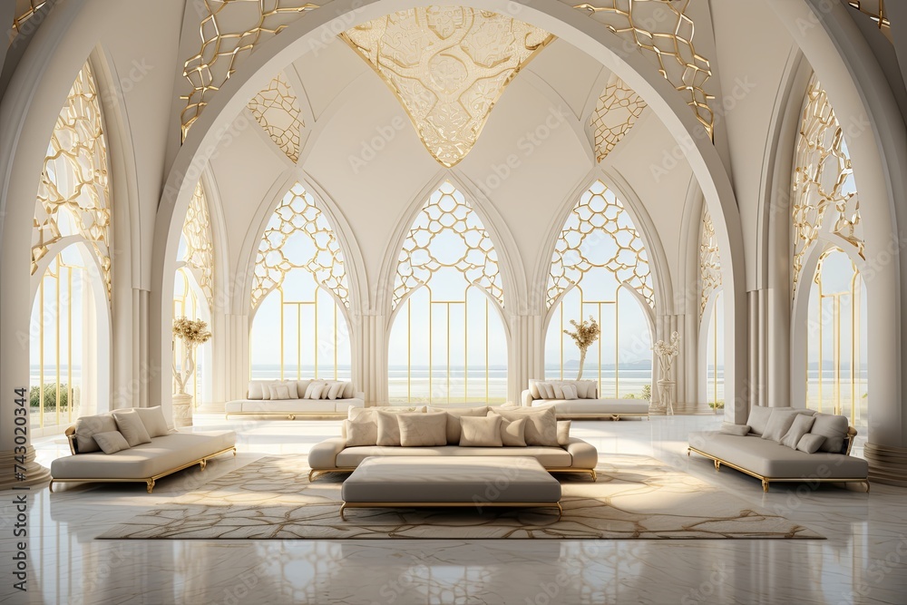 Modern architecture mosque and white luxury golden interior design background