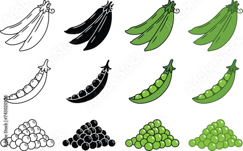 Green Peas and Pea Pod Clipart Set - Outline, Silhouette & Color