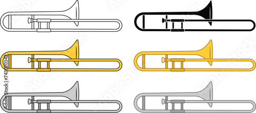 Trombone Instrument Clipart - Outline, Silhouette & Color