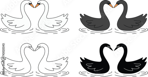 Romantic Swan Pair Clipart Set - Outline, Silhouette & Color
