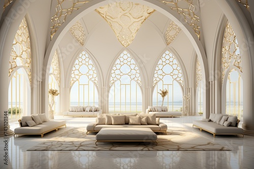 Modern architecture mosque and white luxury golden interior design background