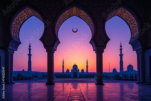 a crescent moon hanging above an intricate silhouette of a distant mosque
