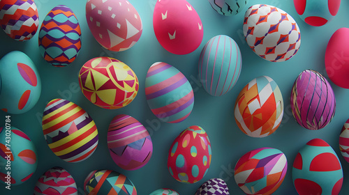 A captivating arrangement of vibrant Easter eggs with geometric motifs, providing ample room for incorporating text elements photo