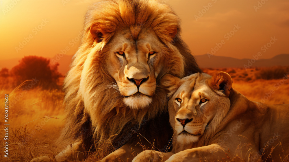 Majestic African lion couple loving pride.