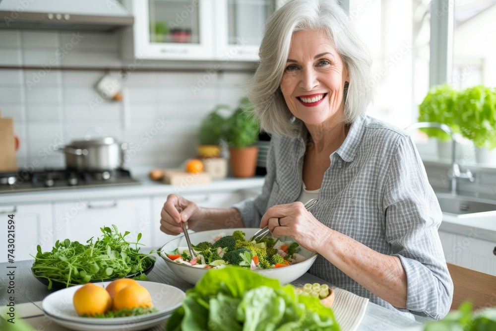 Joyful Elderly Woman Making Salad in Kitchen Joyful Elderly Woman Making Salad in Kitchen