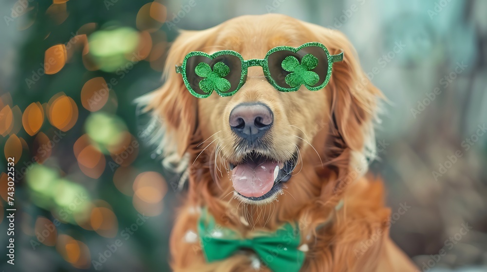 Dog Silly retriever dressed up in shamrock glasses and a green bow-tie for Saint Patrick's Day
