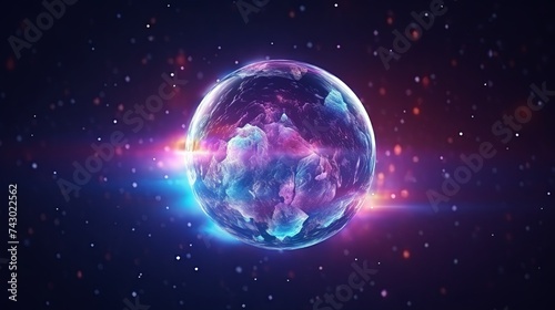 planet earth made of crystal, continents on surface, atmosphere, black background, holographic shimmer