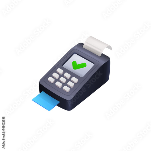 Vector payment machine and credit card. POS terminal confirms the payment by debit credit card, invoce. NFC payments concept
