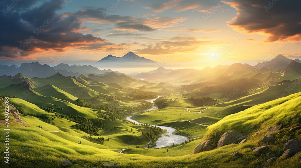  majestic panoramic summer sunset in a mountainous