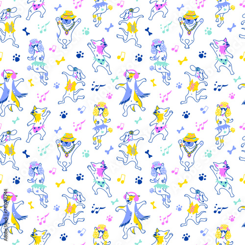 Dancing dog's seamless pattern in neon colors