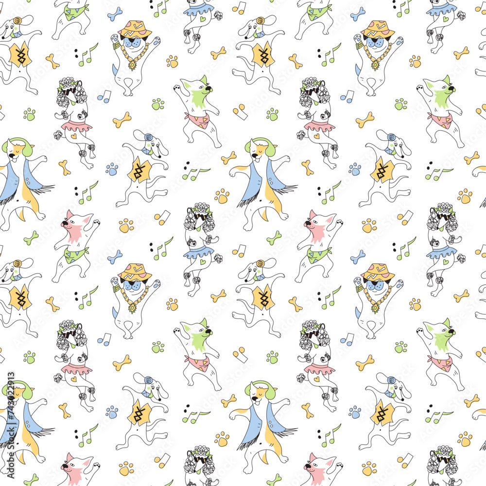 Dancing dogs seamless pattern. Various canine breeds: Poodle, Dachshund, Akita, Husky, Pug, French Bulldog, Greyhound, Whippet. Vector EPS + JPEG + Transparent PNG Dancing dogs seamless pattern. Various canine breeds: Poodle, Dachshund, Akita, Husky, Pug, French Bulldog, Greyhound, Whippet. Vector EPS + JPEG + Transparent PNG