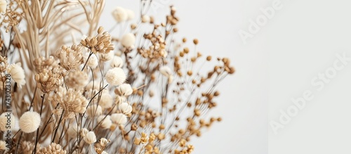 A variety of dried flowers, including roses, babys breath, and eucalyptus, are neatly arranged in a bouquet on top of a wooden table. The petals are slightly wilted, showcasing a rustic and earthy photo