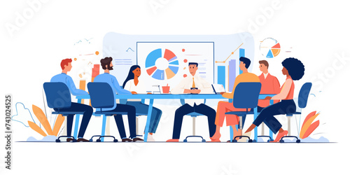 Briefing concept. Team brainstorming. Listen to the meeting leader's explanation. Exchange ideas and discuss financial statistics. Set Trend Modern vector flat illustration