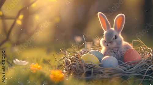 A cute bunny sitting beside a colorful Easter egg nest, with a soft morning light illuminating the scene photo
