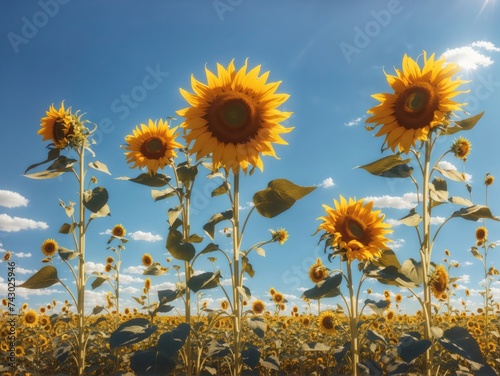 Horizontal image of a field of sunflowers both close up and in the background  blue sky with clouds behind