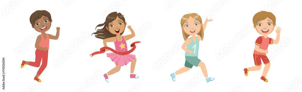 Kids Running Marathon Participate in Sport Competition Vector Set