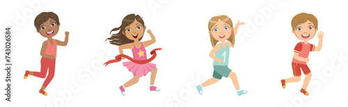 Kids Running Marathon Participate in Sport Competition Vector Set