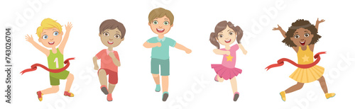 Kids Running Marathon Participate in Sport Competition Vector Set