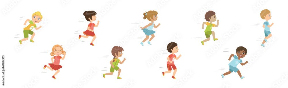Kids Running Marathon Participate in Sport Competition Vector Set Kids Running Marathon Participate in Sport Competition Vector Set