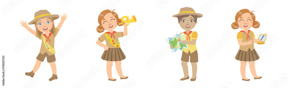Happy Kid Scout Character in Khaki Uniform Vector Set Happy Kid Scout Character in Khaki Uniform Vector Set