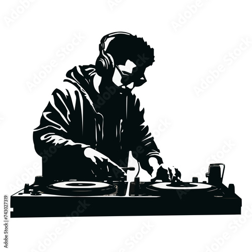 Disc jockey man silhouette, DJ and record decks vector isolated on white