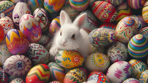A fluffy white bunny surrounded by a circle of vibrant Easter eggs, with each egg adorned with intricate patterns and designs photo