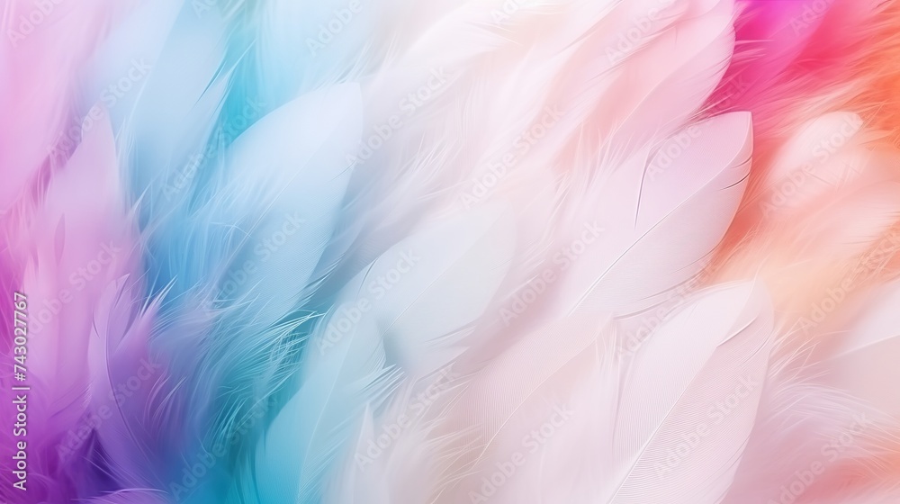 Abstract feather rainbow patchwork background. Closeup image of white fluffy feather under colorful pastel neon foggy mist. Abstract feather rainbow patchwork background. Closeup image of white fluffy feather under colorful pastel neon foggy mist.