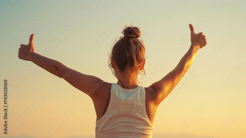 a person from behind, raising their arms with thumbs up towards the sky as the sun sets or rises, embodying a sense of accomplishment and positivity. a person from behind, raising their arms with thumbs up towards the sky as the sun sets or rises, embodying a sense of accomplishment and positivity.