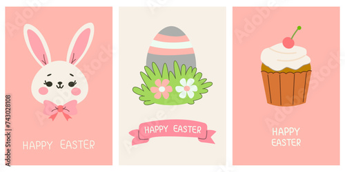 Greeting cute cards for the Easter holiday. Rabbit, egg, cupcake. For posters, cards, scrapbooking, stickers
