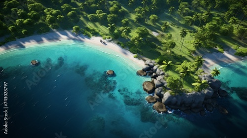 Generative AI Bird's eye view showcasing an enchanting tropical island chain featuring lush palm groves, secluded coves, and shallow crystalline waters perfect for snorkeling. photorealistic
