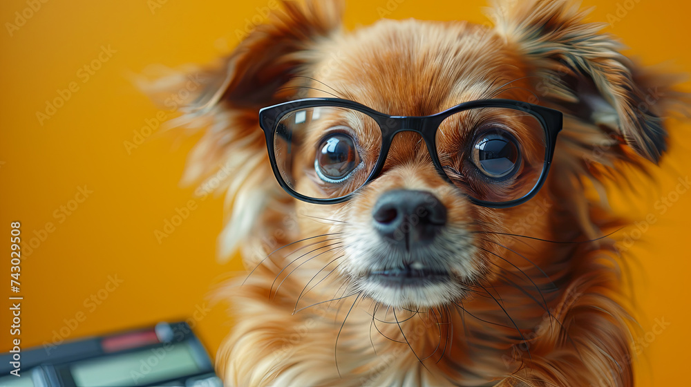 Old Grey Muzzle Chihuahua Pet Dog in glasses with calculator - obrazy, fototapety, plakaty 