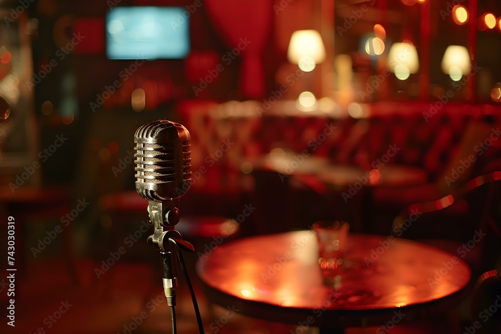 Classic mic ready on stage cafe backdrop blurred audience seats empty ...