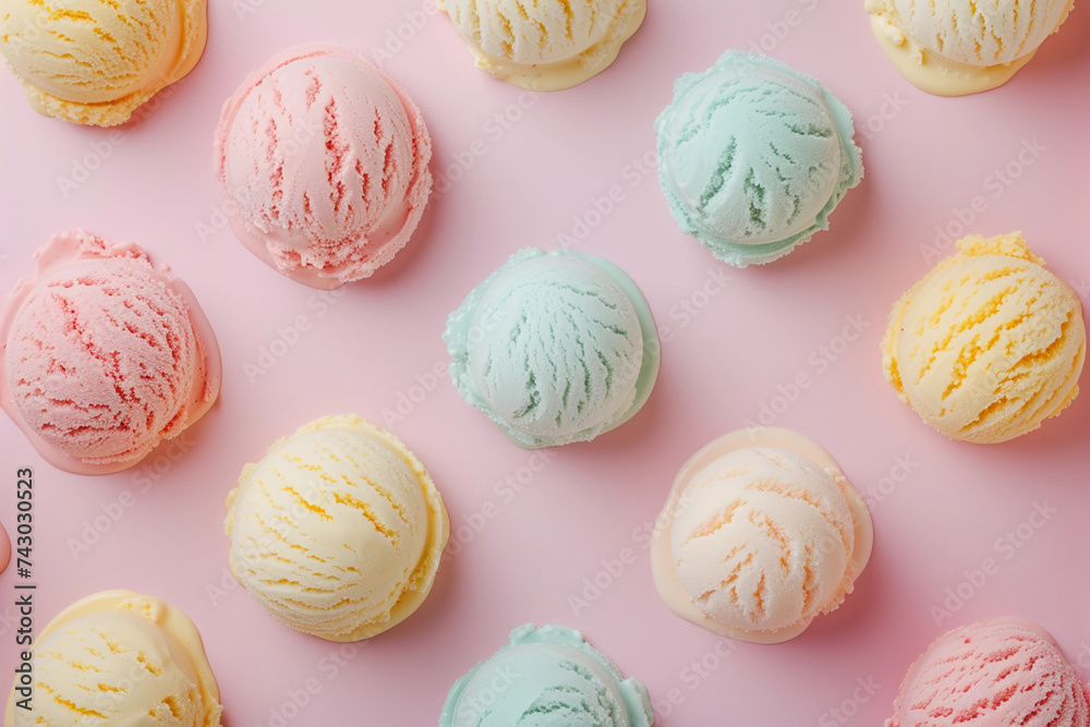 Colorfull pastel ice cream pattern on pastel rose background. Summer minimalism. Isometric flat lay. trendy seamless pattern of ice cream scoops on pink background, funny creative concept Colorfull pastel ice cream pattern on pastel rose background. Summer minimalism. Isometric flat lay. trendy seamless pattern of ice cream scoops on pink background, funny creative concept