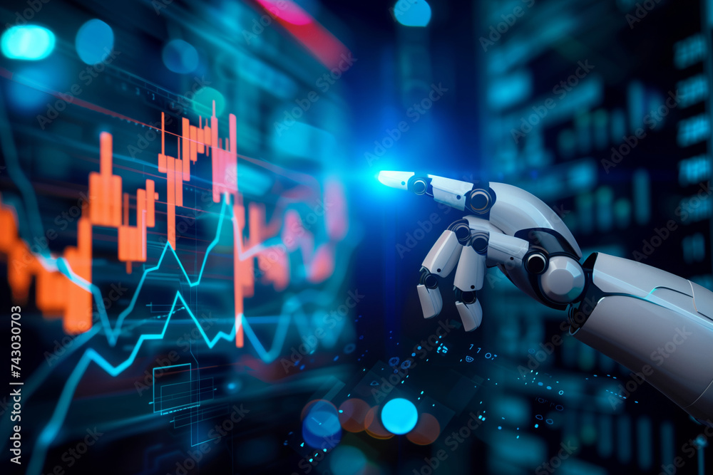 an AI powered robot hand pointing at stock market graphs on a digital display, representing artificial intelligence guided investments - obrazy, fototapety, plakaty 