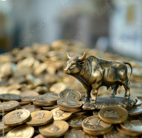 small brass statue of a bull standing on a pile of gold coins, representing financial growth in a bull market photo