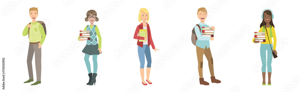 Fototapeta premium Modern Student Man and Woman Character Standing Vector Set