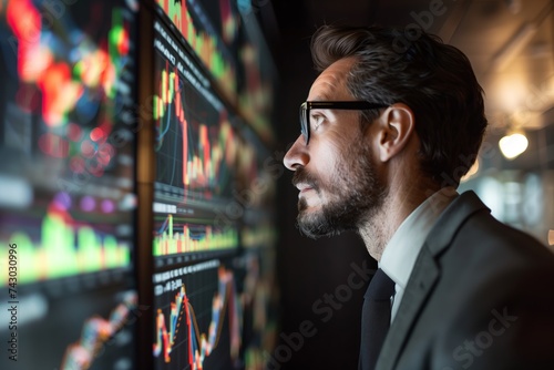 a stock market trader looking over market graphs on computer monitors