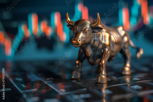 small brass statue of a bull standing in front of a stock market graph representing financial growth in a bull market